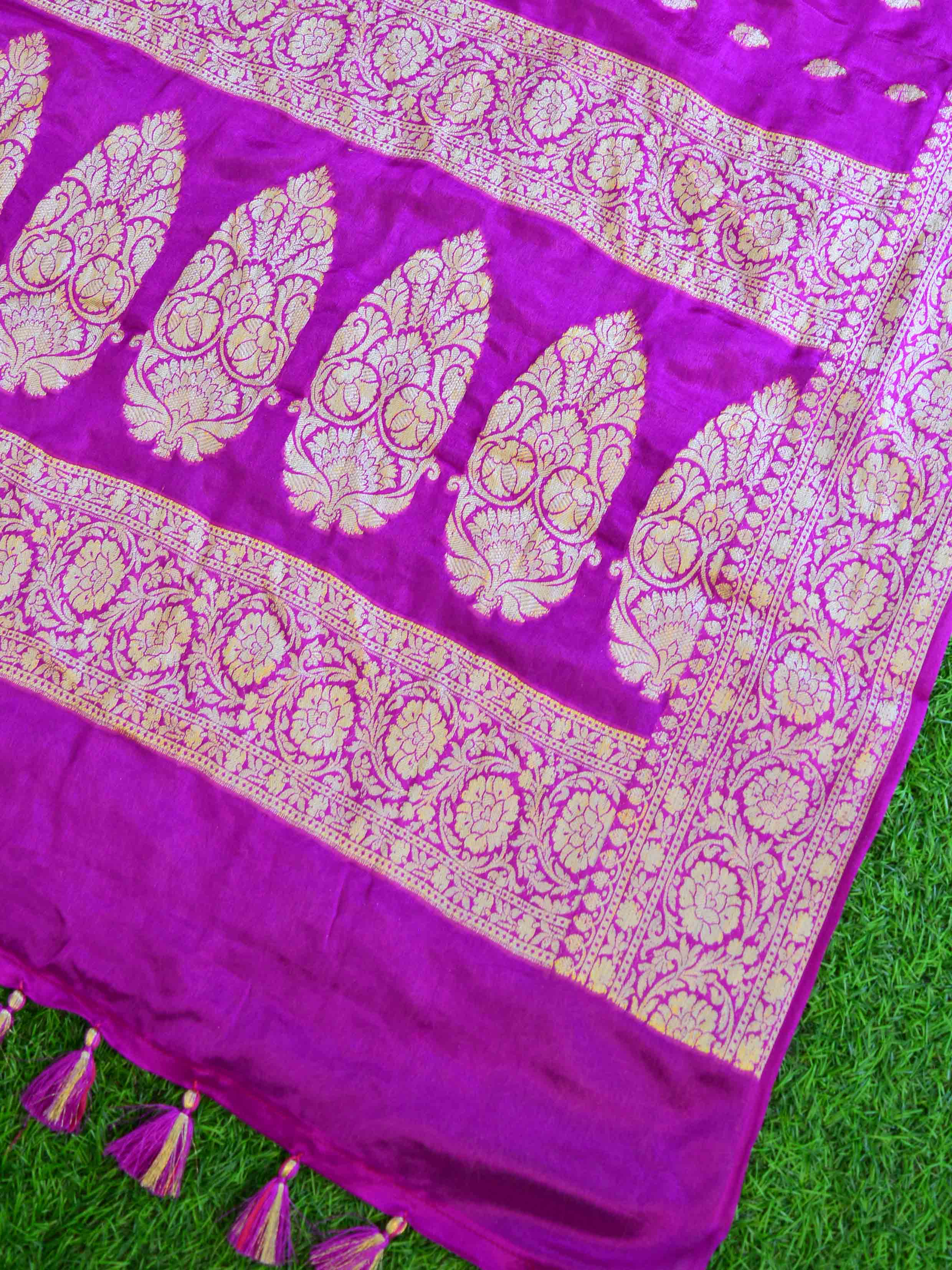 Banarasee Chiffon Floral Zari Buti & Border Saree-Purple