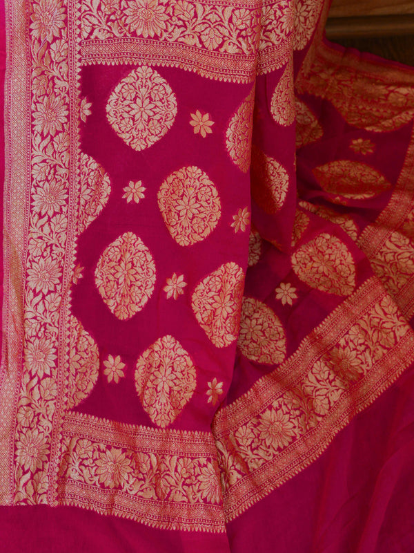 Banarasee Khaddi Chiffon Silk Zari Jaal Saree-Pink