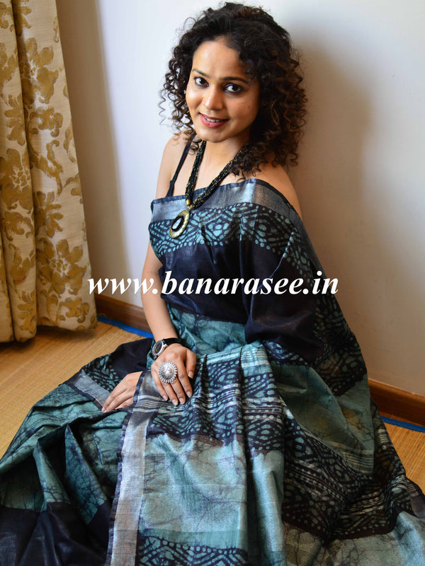 Bhagalpur Handloom Pure Linen Cotton Hand-Dyed Batik Pattern Saree-Black