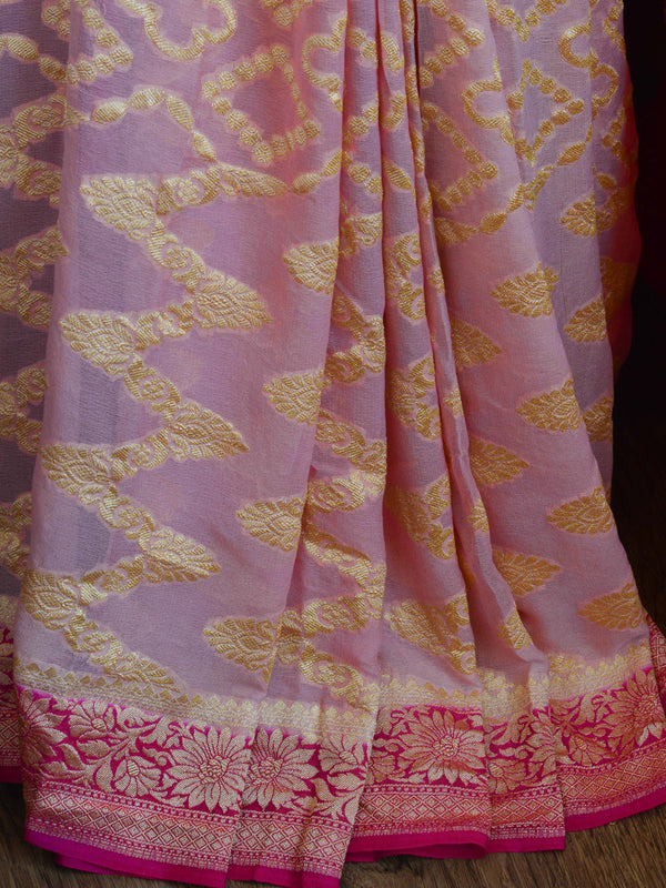 Banarasee Khaddi Chiffon Silk Zari Jaal Saree-Pink