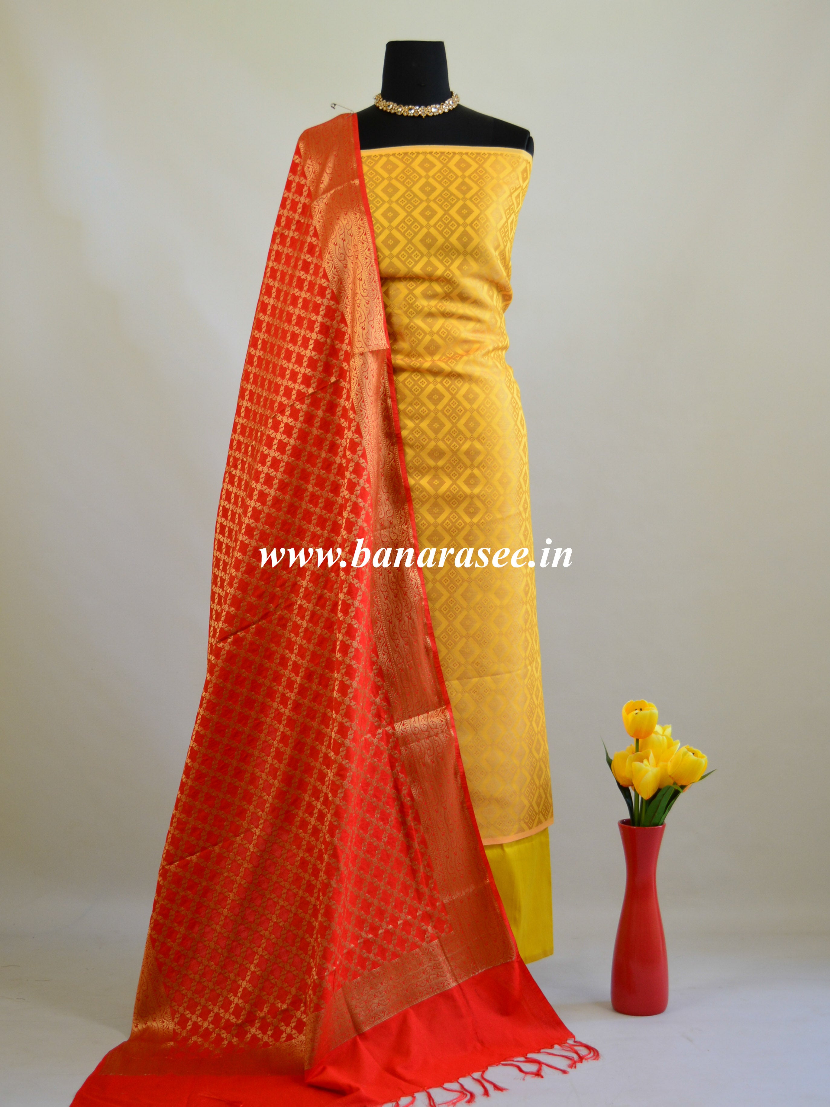 Banarasee Art Silk  Salwar Kameez Fabric With Contrast Dupatta-Yellow