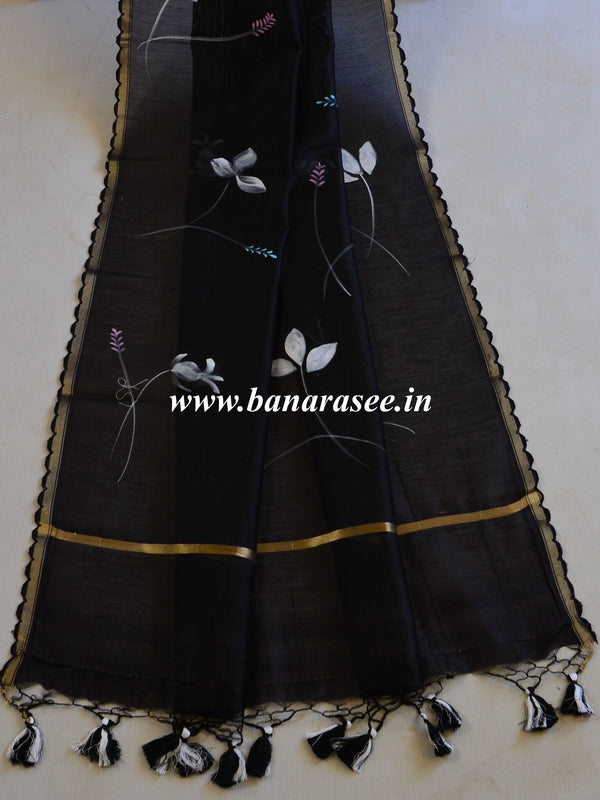 Banarasee Pure Handloom Chanderi Hand Painted Dupatta-Black