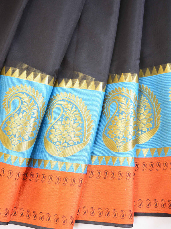 Banarasee Cotton Silk Saree With Plain Body & Paisley Design Border-Black