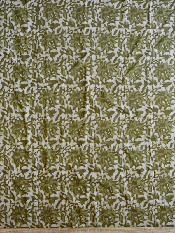 Handloom Mul Cotton Handblock Printed Suit Set-Olive Green