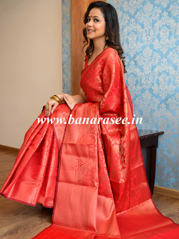 Banarasee Handwoven Semi Silk Saree With Copper Zari Jaal Design-Red