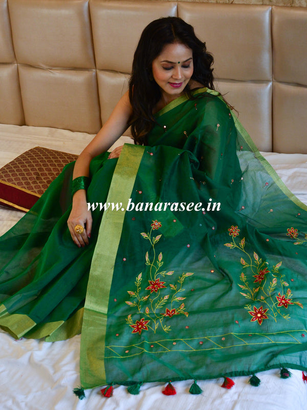 Banarasee Chanderi Cotton Hand-Embroidered Saree-Green