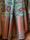 Banarasee Organza Silk Saree With Digital Floral Print & Zari Border-Blue