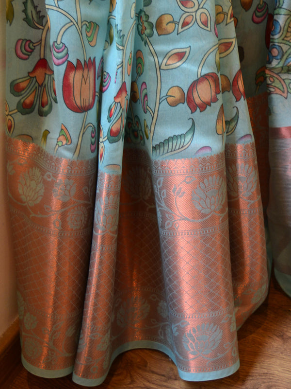 Banarasee Organza Silk Saree With Digital Floral Print & Zari Border-Blue