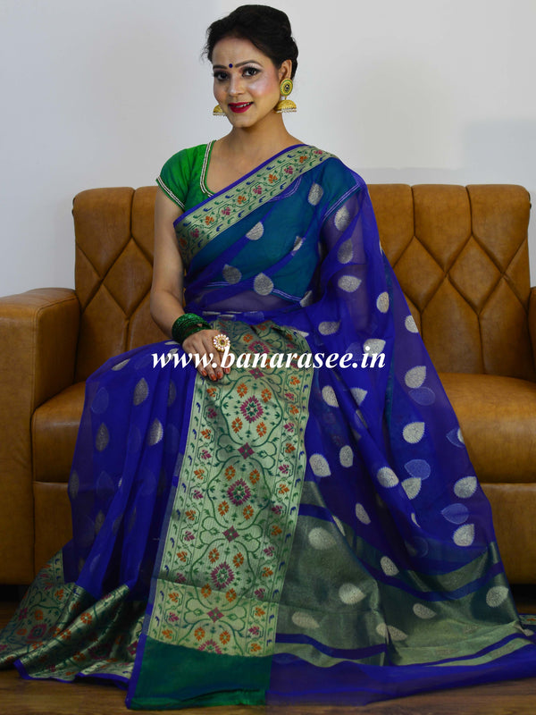 Banarasee Organza Mix Saree With Buta Design & Meena Border-Royal Blue