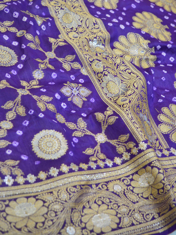 Banarasee Handloom Cotton Silk Bandhini Dyed Sona Rupa Zari Saree-Violet