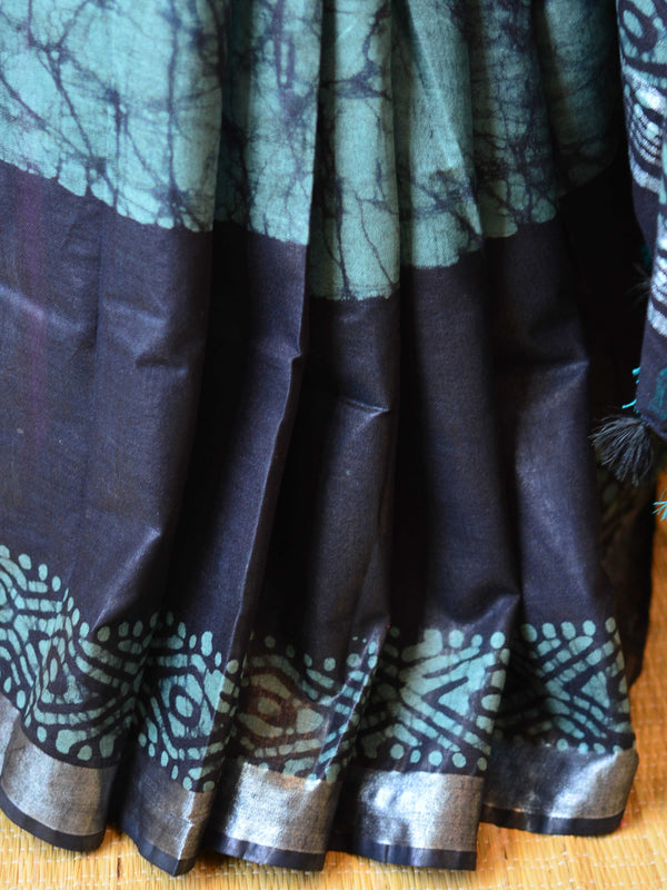 Bhagalpur Handloom Pure Linen Cotton Hand-Dyed Batik Pattern Saree-Black