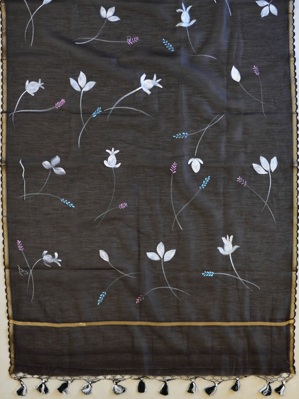 Banarasee Pure Handloom Chanderi Hand Painted Dupatta-Black