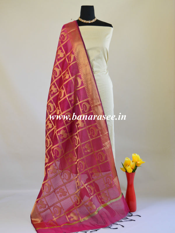 Banarasee Cotton Silk Mix Dupatta With Big Checks Design-Magenta