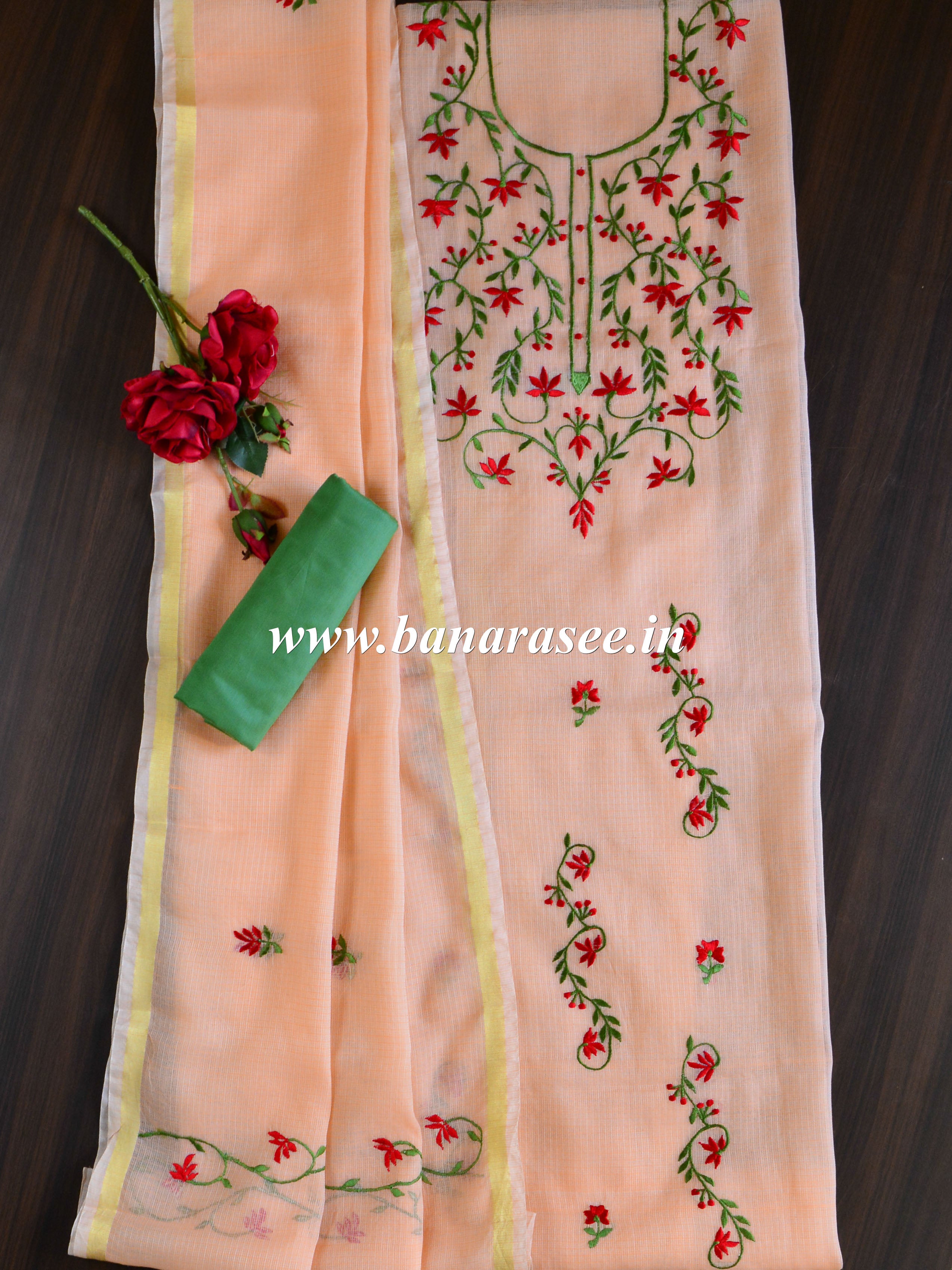 Banarase Kota Doria Hand-Embroidered Phool Patti Work Salwar Kameez Dupatta Set-Peach