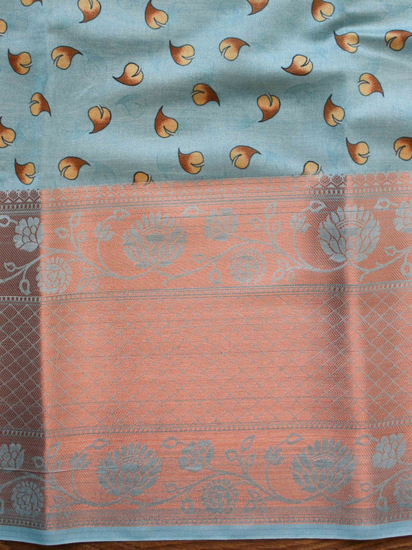 Banarasee Organza Silk Saree With Digital Floral Print & Zari Border-Blue