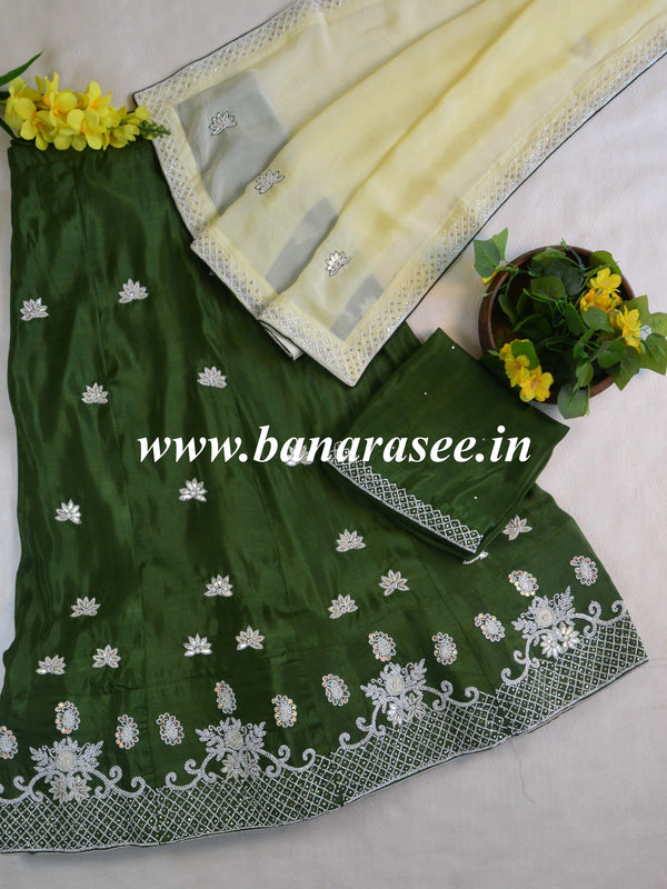 Banarasee Semi-Stitched Katdana & Zardozi Hand-work Lehenga Blouse & Dupatta-Olive Green & Yellow