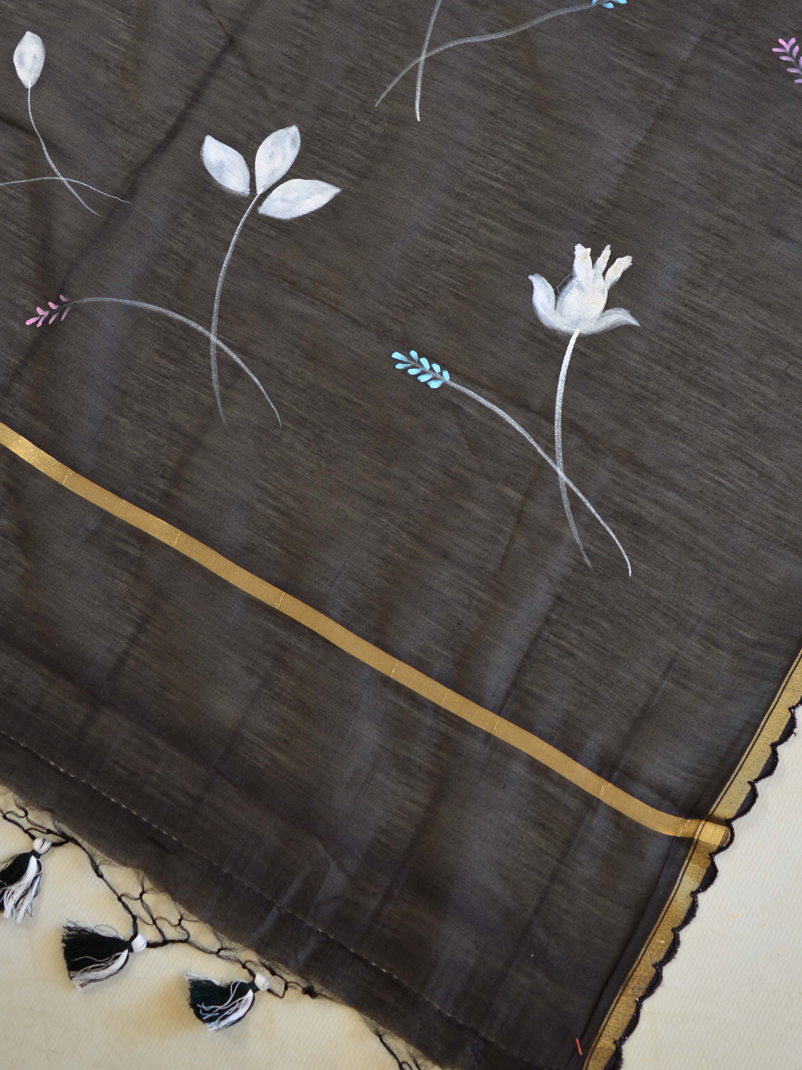 Banarasee Pure Handloom Chanderi Hand Painted Dupatta-Black