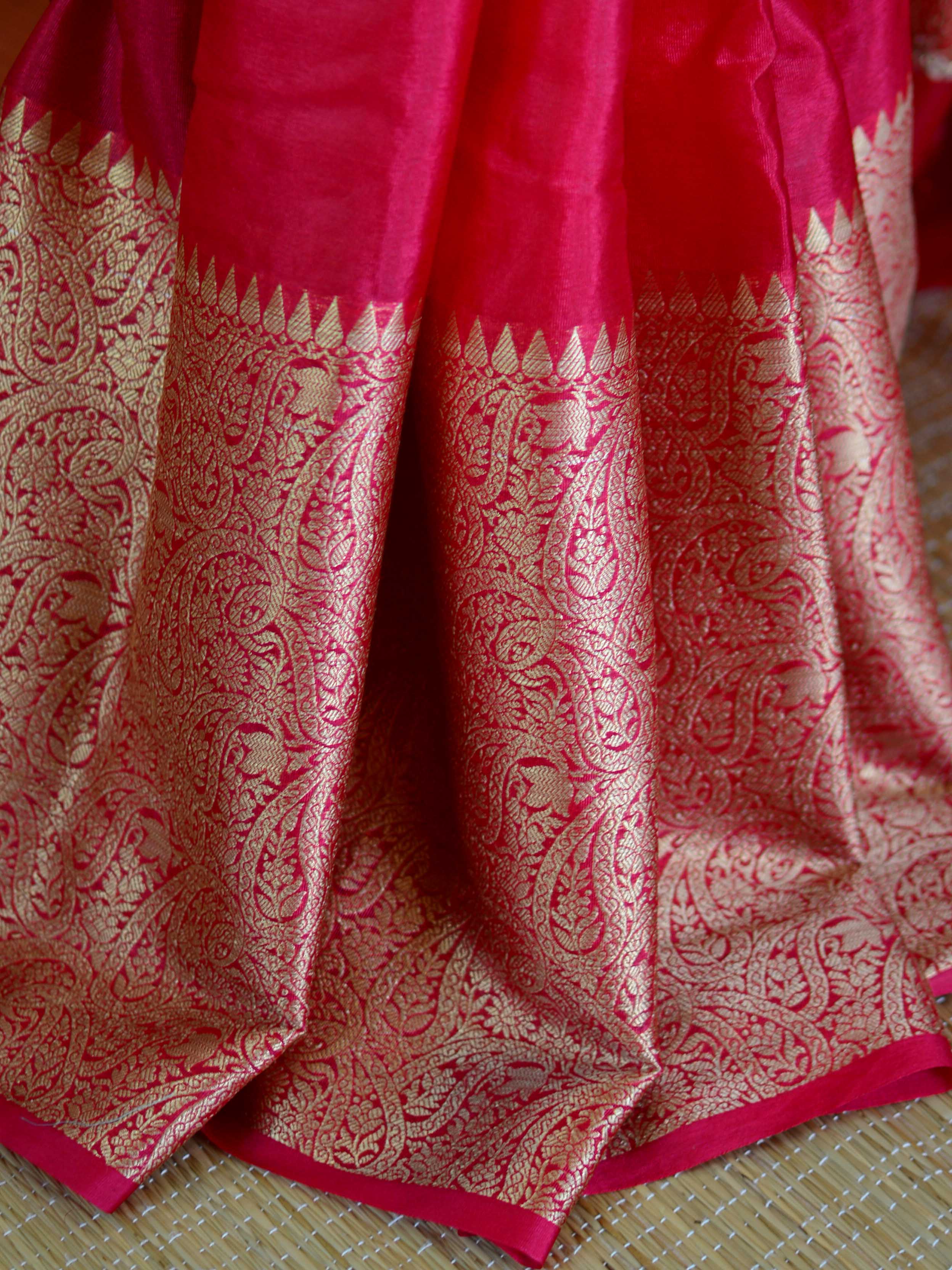 Banarasee Handwoven Semi Silk Saree Broad Zari Border-Red