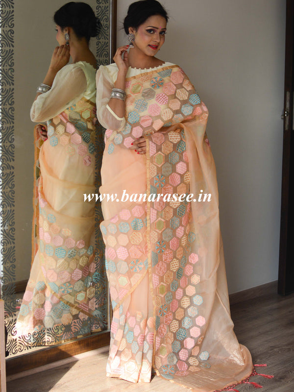 Banarasee Pure Organza Silk Saree With Embroidery-Peach