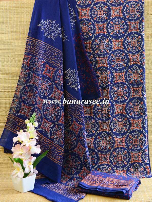 Handloom Mul Cotton Handblock Printed Suit Set-Navy Blue