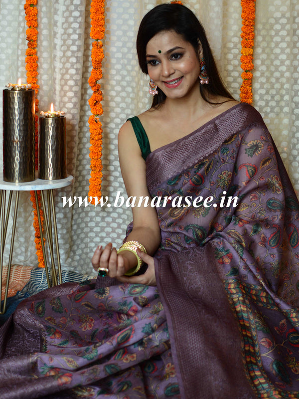 Banarasee Handloom Chanderi Digital Print Saree With Antique Zari Design-Purple