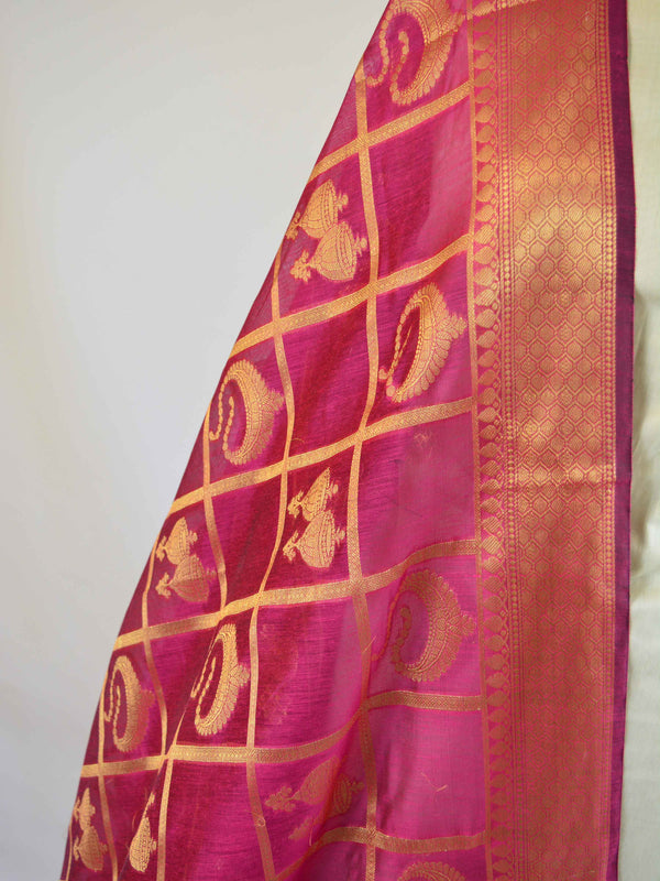 Banarasee Cotton Silk Mix Dupatta With Big Checks Design-Magenta