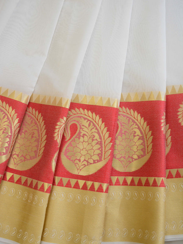 Banarasee Cotton Silk Saree With Plain Body & Paisley Design Border-White