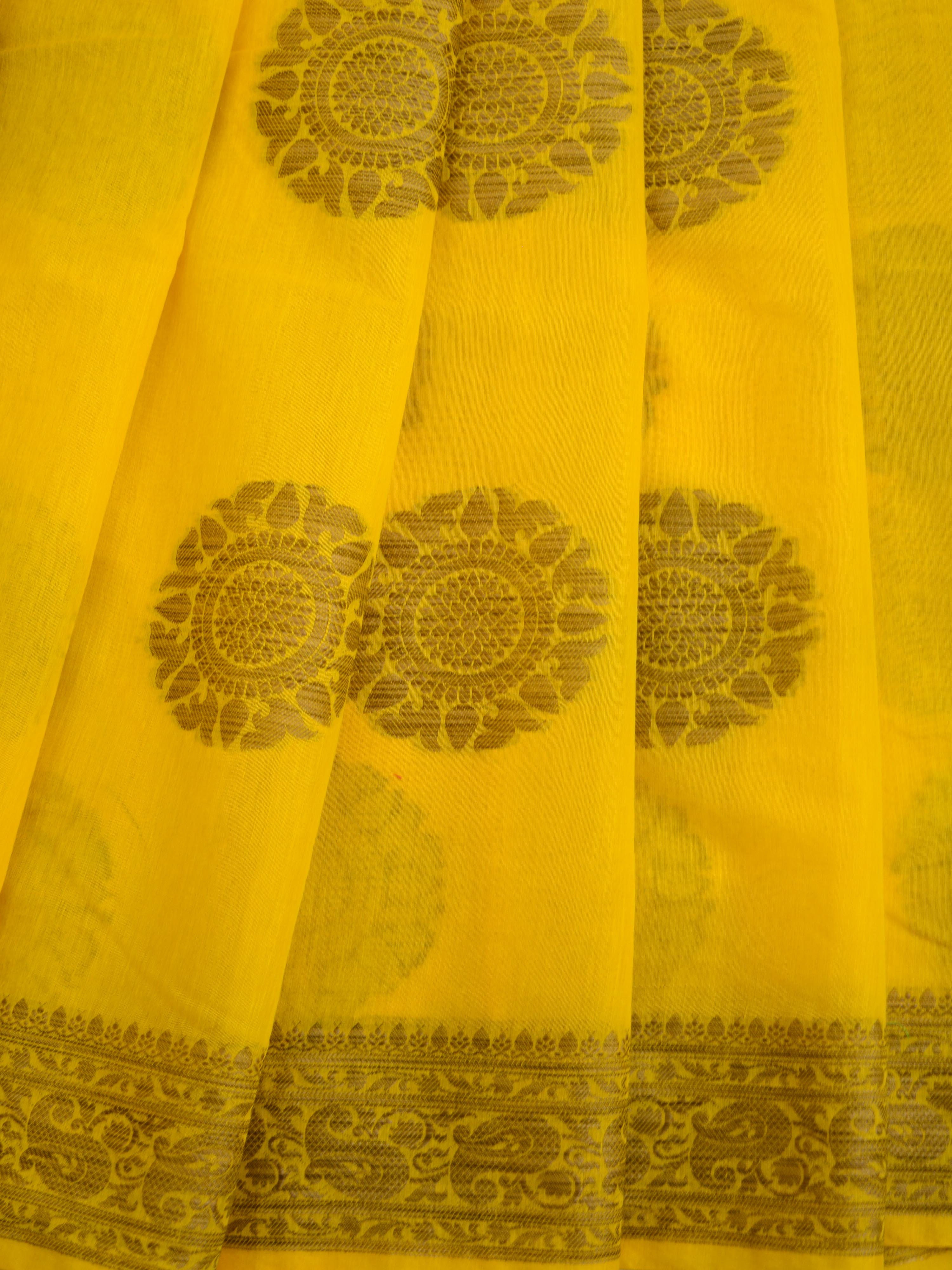 Banarasee Pure Handloom Soft Cotton Saree With Jute Work-Yellow