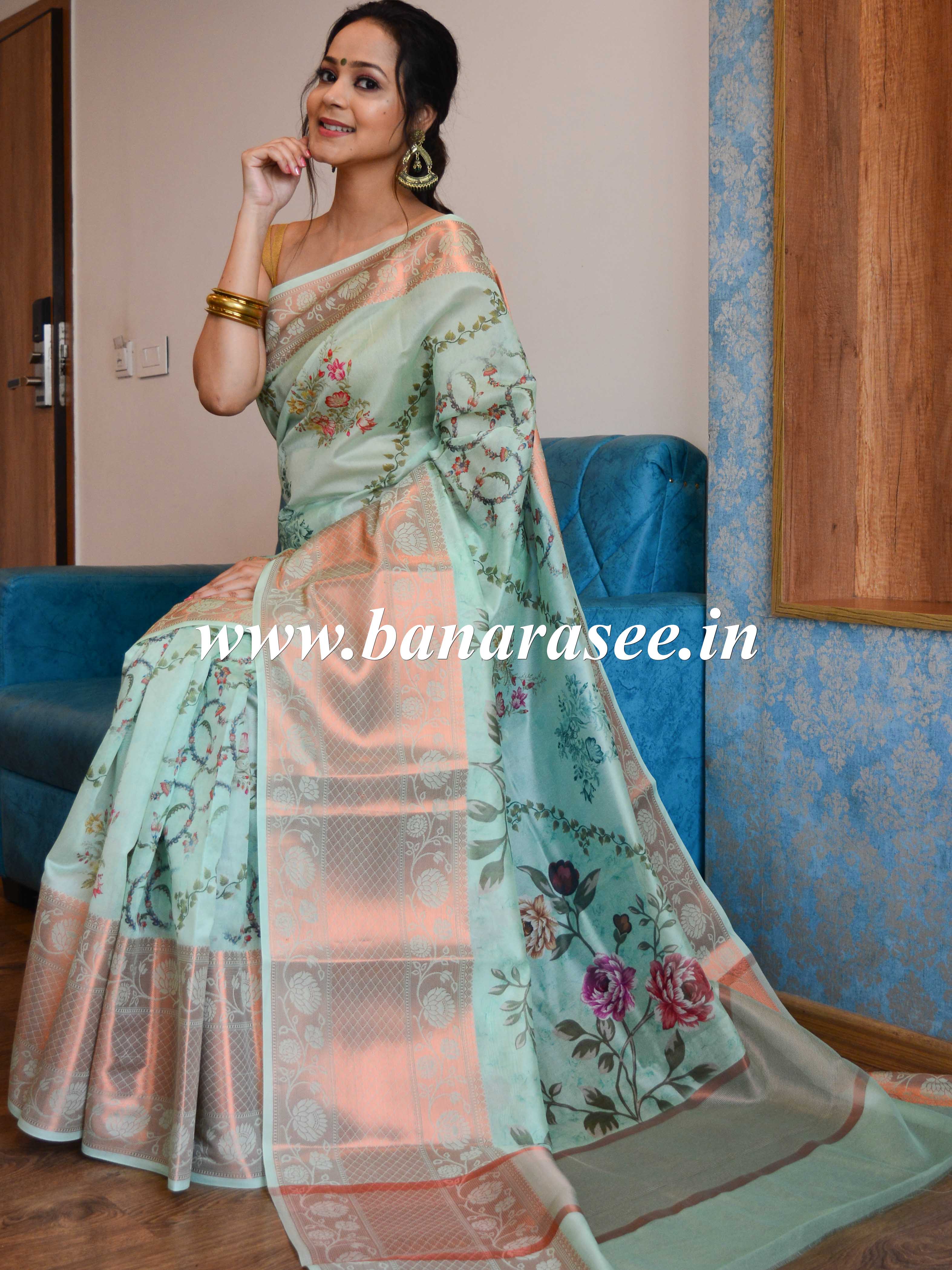 Banarasee Organza Silk Saree With Digital Floral Print & Zari Border-Sea Green