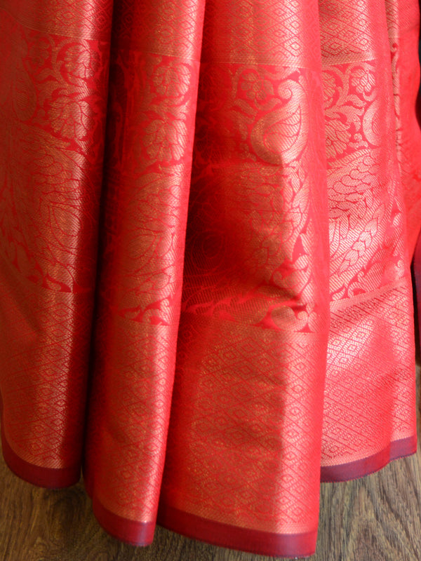 Banarasee Handwoven Semi Silk Saree With Copper Zari Jaal Design-Red