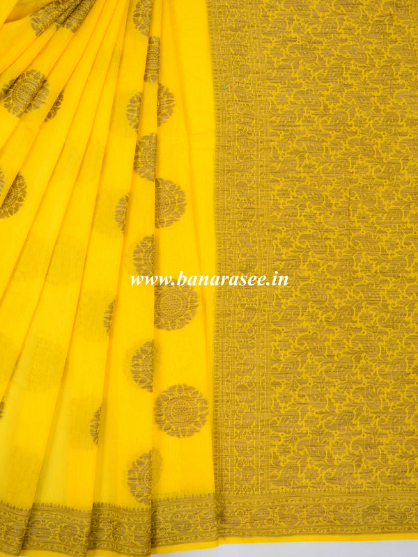 Banarasee Pure Handloom Soft Cotton Saree With Jute Work-Yellow