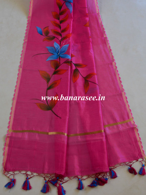 Banarasee Pure Handloom Chanderi Hand Painted Dupatta-Pink