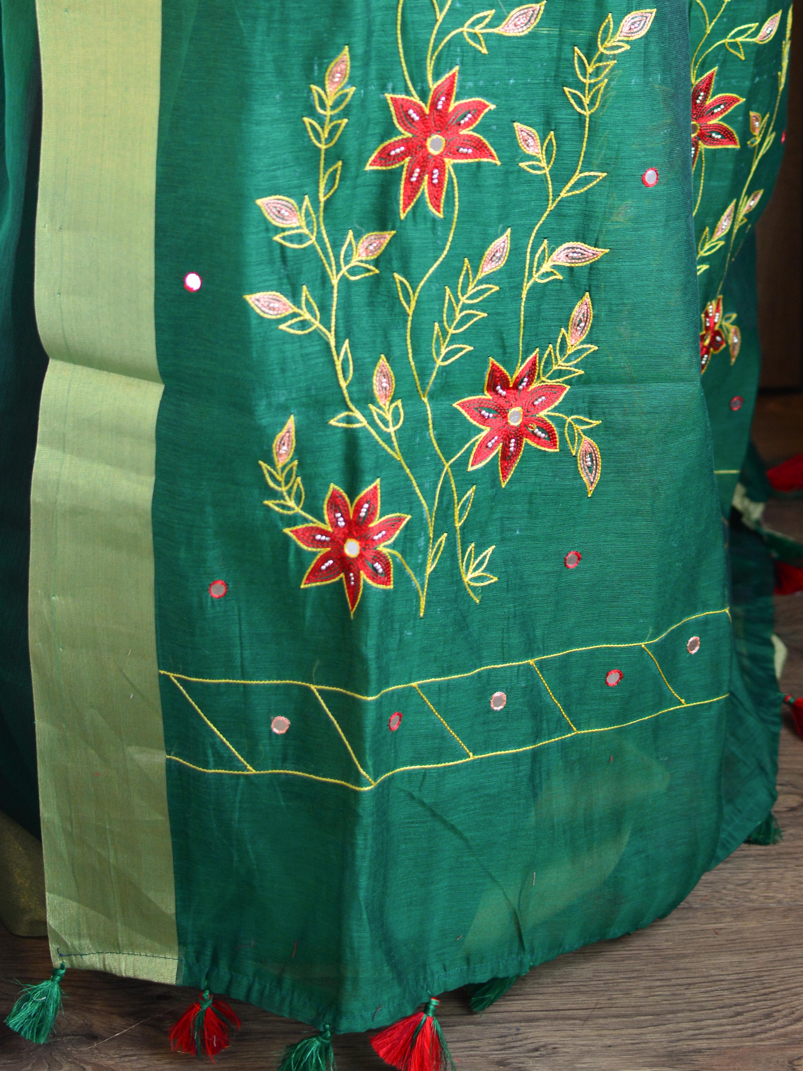 Banarasee Chanderi Cotton Hand-Embroidered Saree-Green