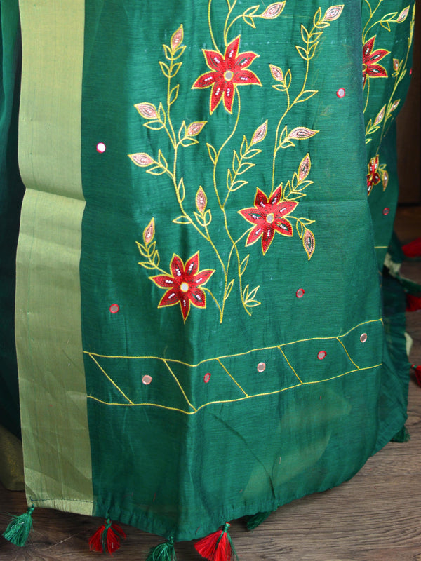Banarasee Chanderi Cotton Hand-Embroidered Saree-Green