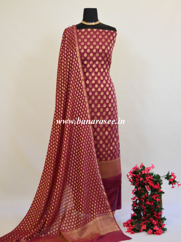 Banarasee Cotton Silk Salwar Kameez Fabric With Zari Buta-Maroon