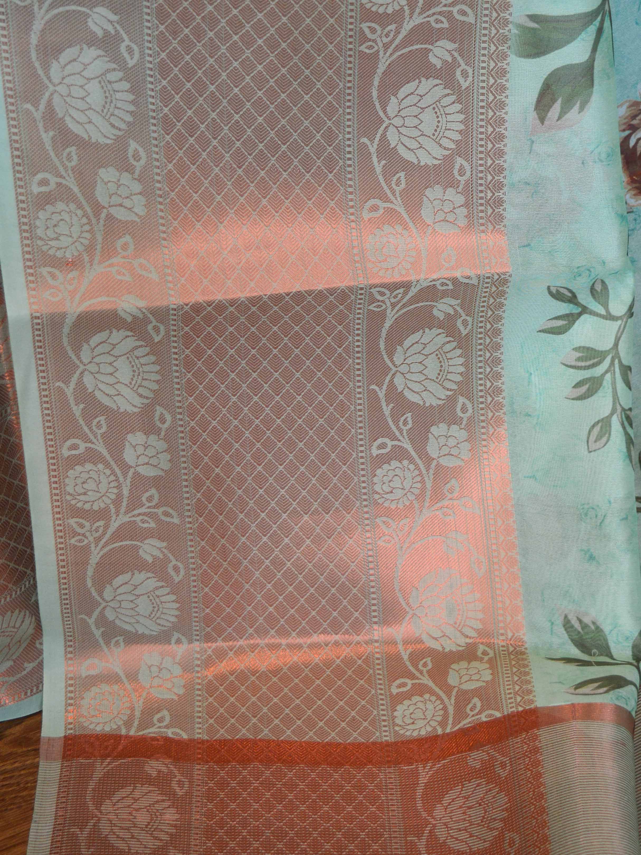 Banarasee Organza Silk Saree With Digital Floral Print & Zari Border-Sea Green