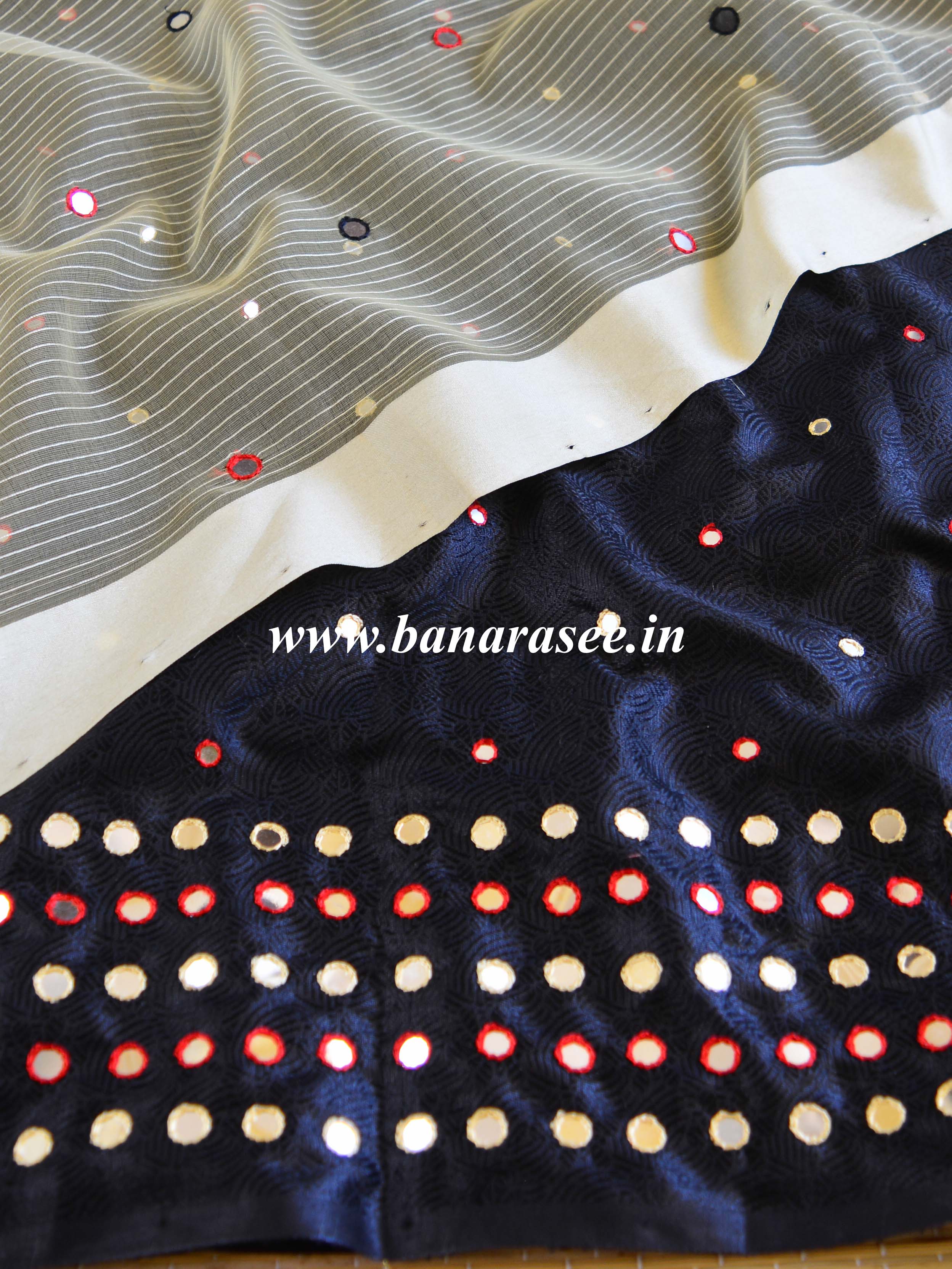 Banarasee Brocade Salwar Kameez Fabric With Mirror Work-Black & Beige