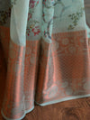 Banarasee Organza Silk Saree With Digital Floral Print & Zari Border-Sea Green