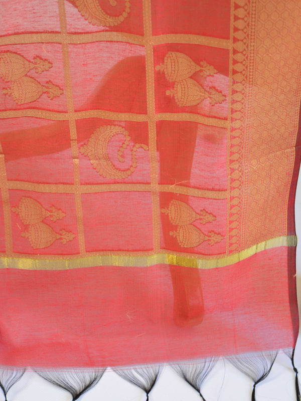 Banarasee Cotton Silk Mix Dupatta With Big Checks Design-Deep Red