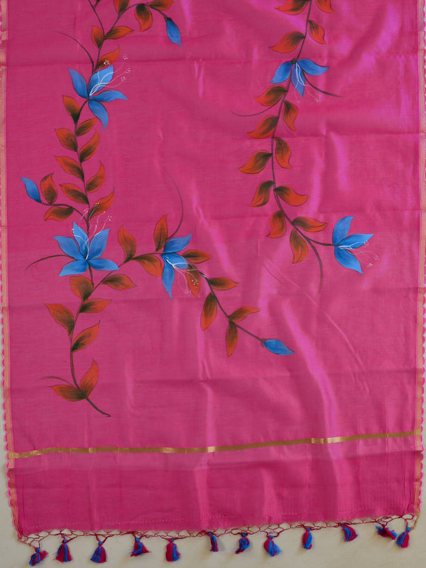 Banarasee Pure Handloom Chanderi Hand Painted Dupatta-Pink