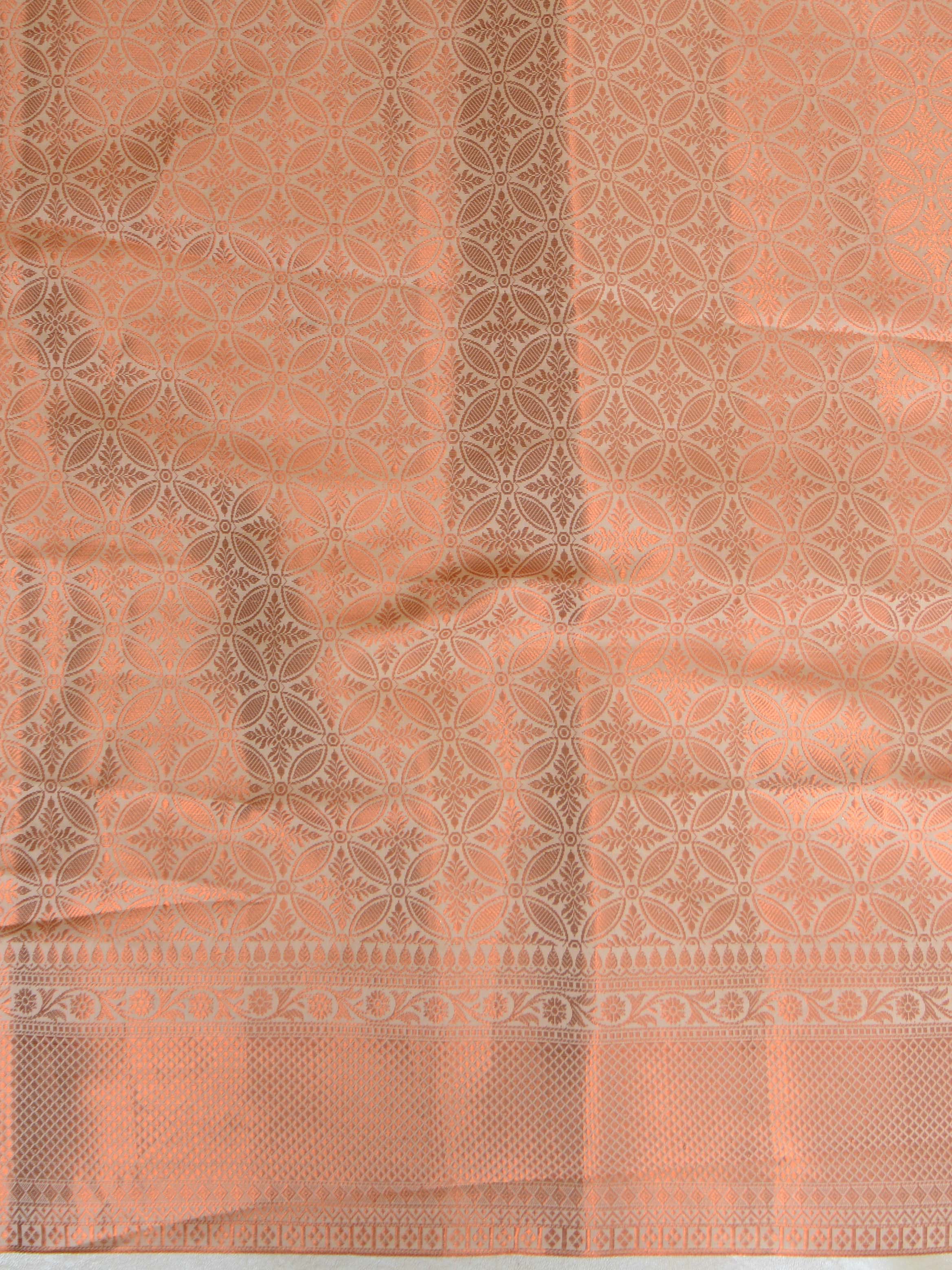 Banarasee Handwoven Semi Silk Saree With Copper Zari Buti Design-White