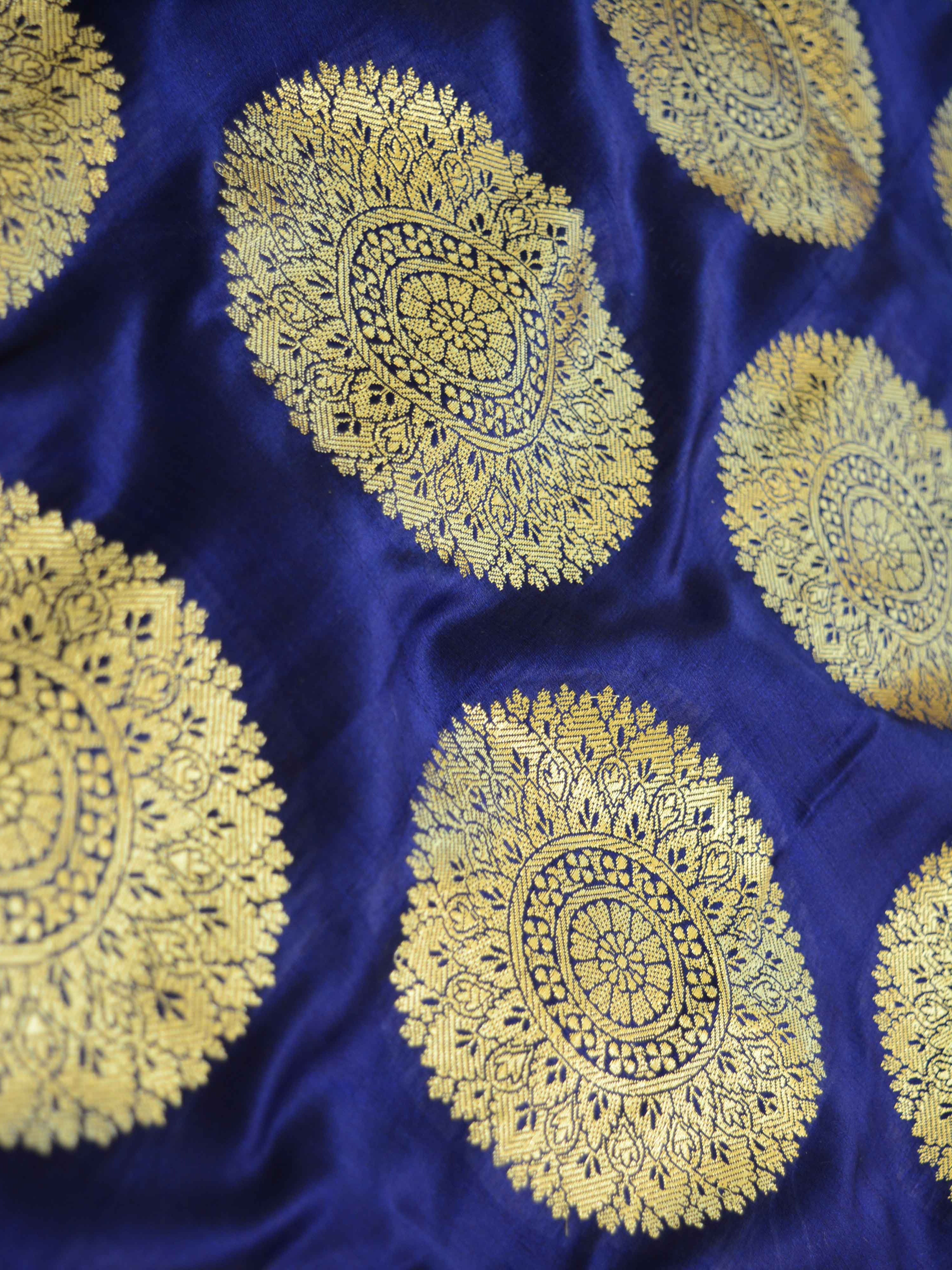 Banarasee Satin Brocade Gold Zari Big Circle Buta Fabric-Deep Blue