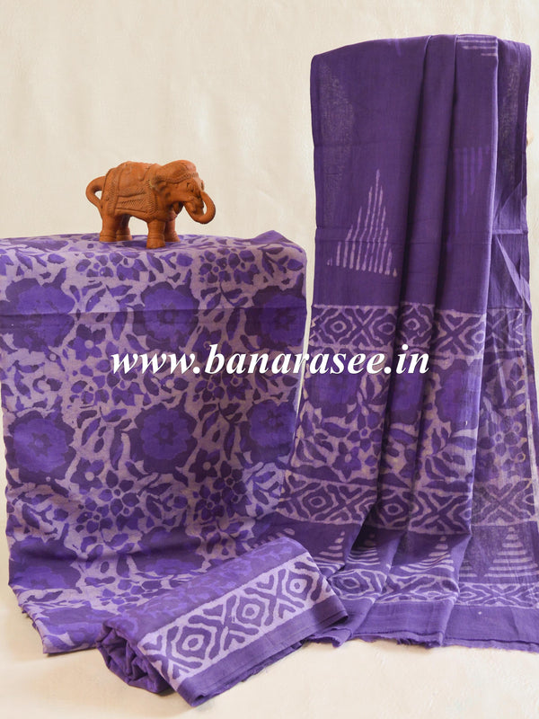 Handloom Mul Cotton Block Print Suit Set-Purple