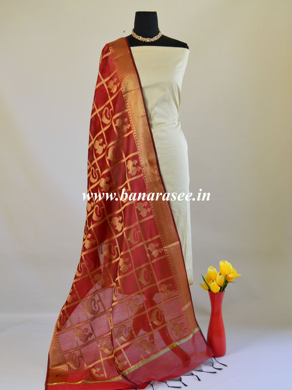Banarasee Cotton Silk Mix Dupatta With Big Checks Design-Deep Red