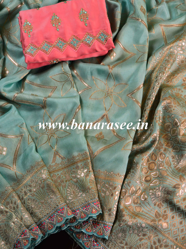 Banarasee Handwoven Semi-Katan Zari Work Saree With Pink Embroidered Blouse-Pastel Green
