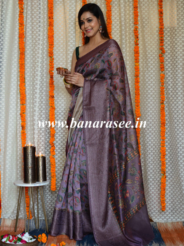 Banarasee Handloom Chanderi Digital Print Saree With Antique Zari Design-Purple