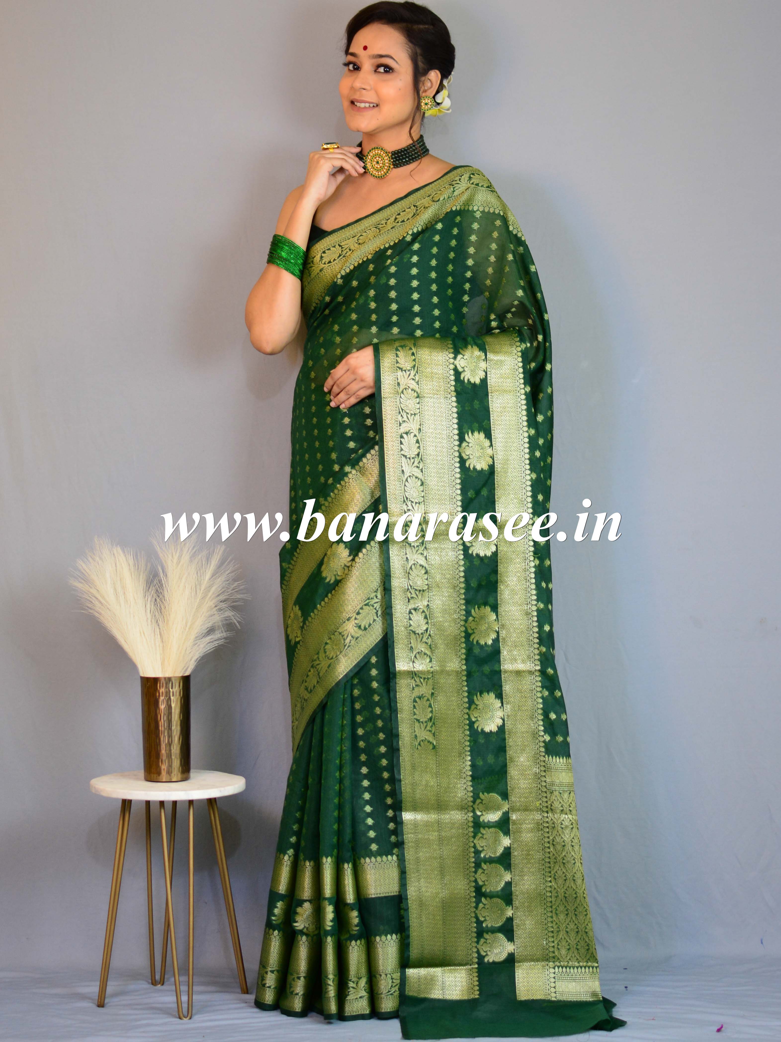 Banarasee Handwoven Semi-Chiffon Saree With Floral Border & Buti-Green