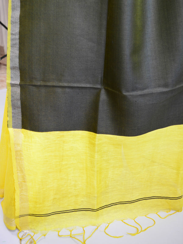 Bhagalpuri Handloom Pure Linen Silk Saree-Yellow With Black
