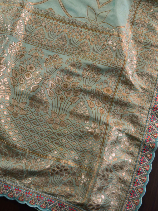 Banarasee Handwoven Semi-Katan Zari Work Saree With Pink Embroidered Blouse-Pastel Green