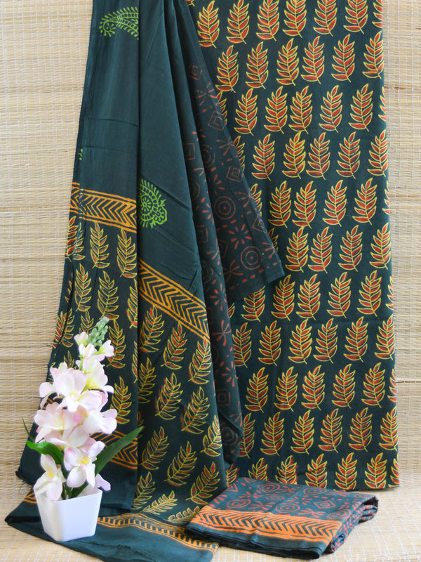 Handloom Mul Cotton Handblock Printed Suit Set-Green